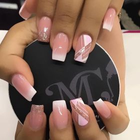 Mid-Length Press On False Nails Gradient Easy Wear Franch Reusable Natural (Option: LF285 glue)